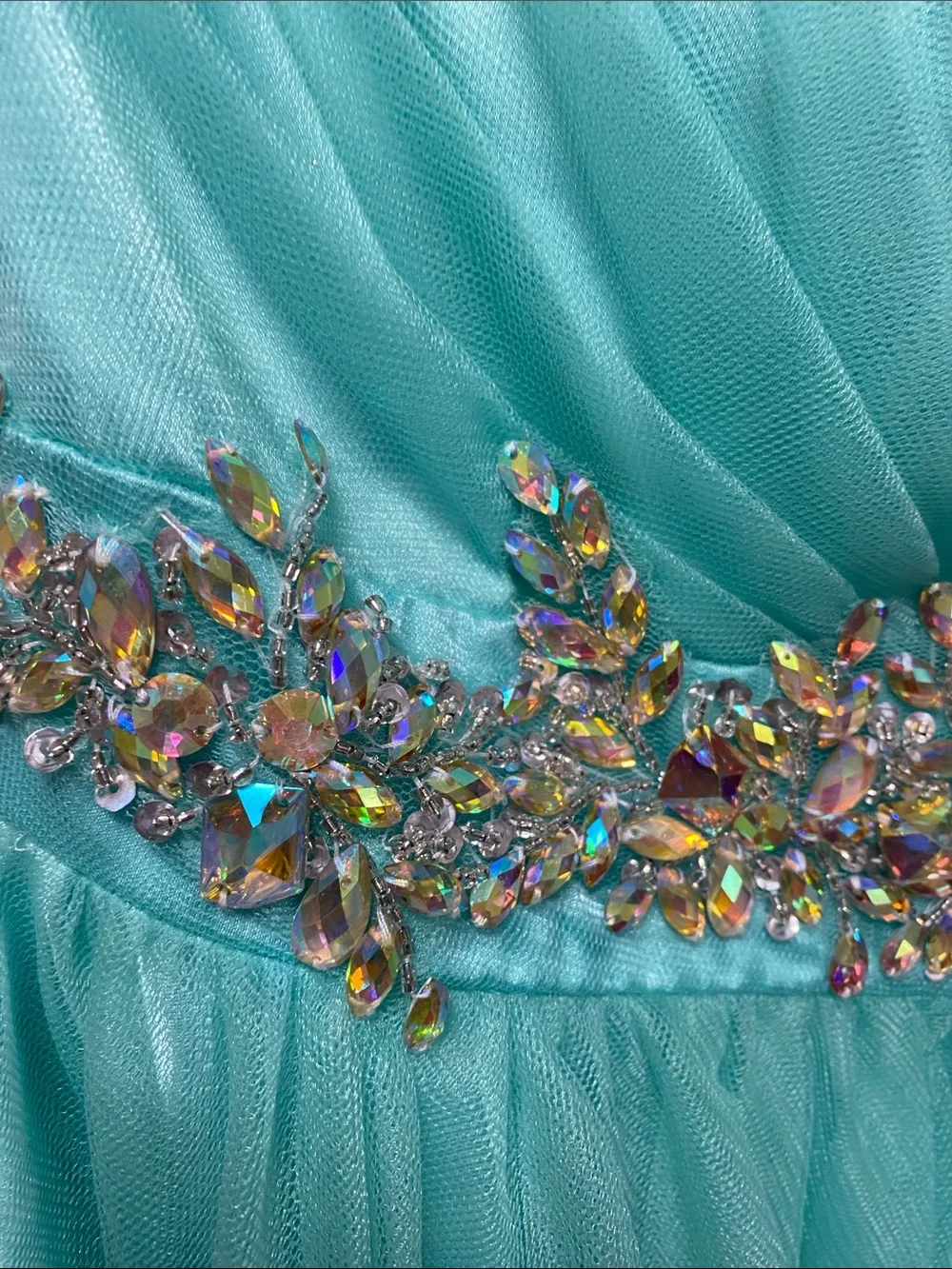 Sherri Hill Aqua Tulle Party Dress with Jeweled Waistband